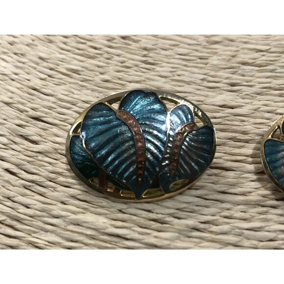 Vintage Signed SG Cloisonne Tropical Flower Botanical Earrings Enamel Gold Tone - Picture 2 of 5